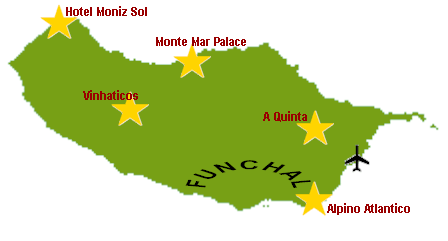 Kaart van Madeira met locatie van de hotels